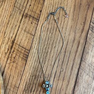 Sabika Silver and Blue Floral Cross Pendant Necklace